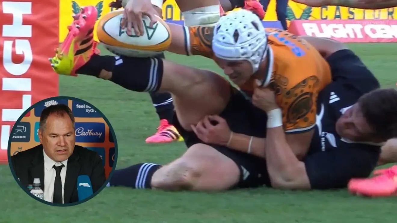 Cam Roigard's try saving tackle on Declan Meredith and an inset of All Blacks head coach Dave Rennie.