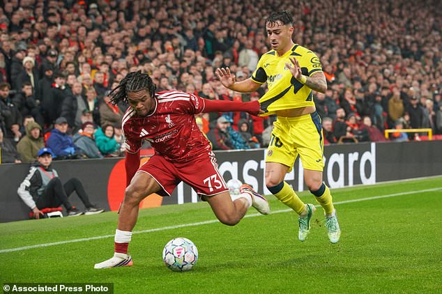 Liverpool's Rio Ngumoha, left, challenges for the ball with Villarreal's Alberto Moleiro during the Champions League opening phase soccer match between Liverpool and Villarreal in Liverpool, England, Tuesday, Oct. 20, 2026. (AP Photo/Ian Hodgson)