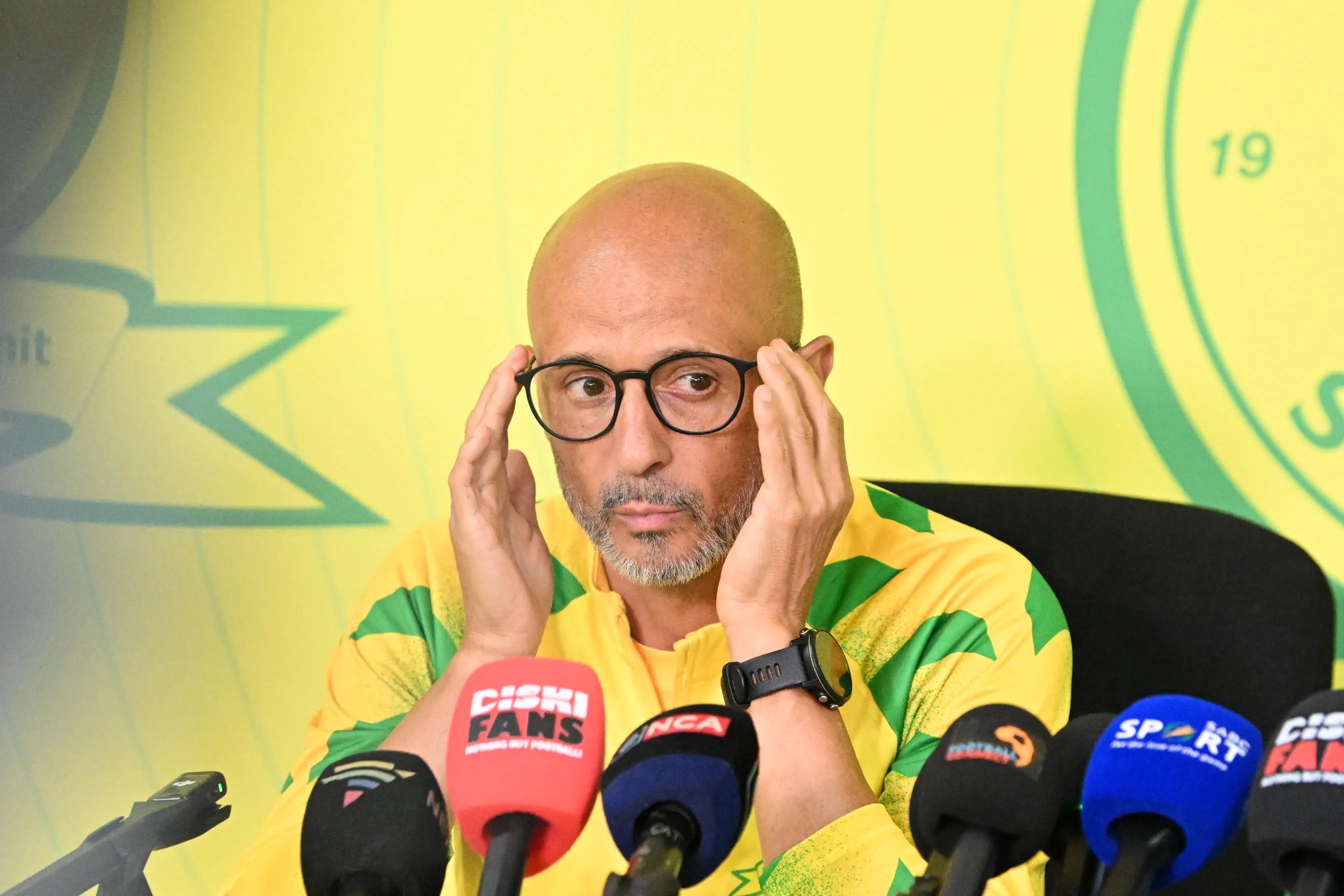 Mamelodi Sundowns soccer coach Miguel Cardoso speaks at a media open day in Johannesburg on Wednesday