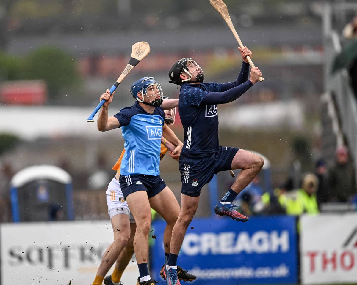 Dublin's Seán Brennan clears the ball against Antrim in the first round of the 2023 Leinster championship