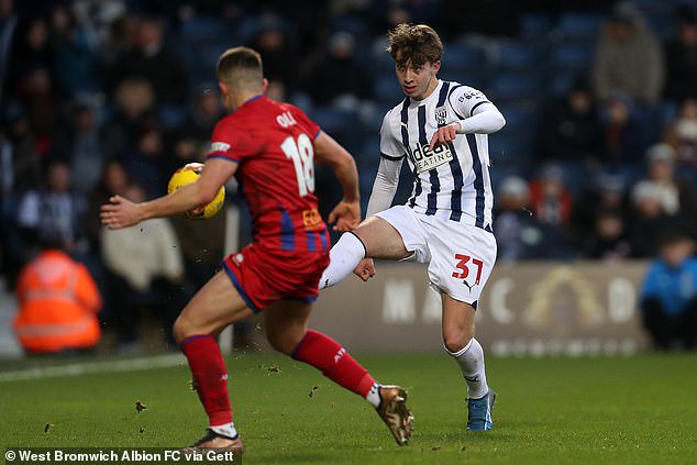 Whitwell pictured making his Albion debut in an FA Cup tie against Aldershot in January 2024