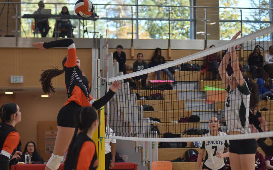 Spangdahlem’s Aliya Taylor jumps to hit the ball against AFNORTH during the finals on Saturday, Oct. 31, 2026, of the 2026 DODEA Division III European girls volleyball championships in Spangdahlem, Germany. Spangdahlem won the title in a close, five-set match, 25-17, 22-25, 25-7, 19-25, 15-11.