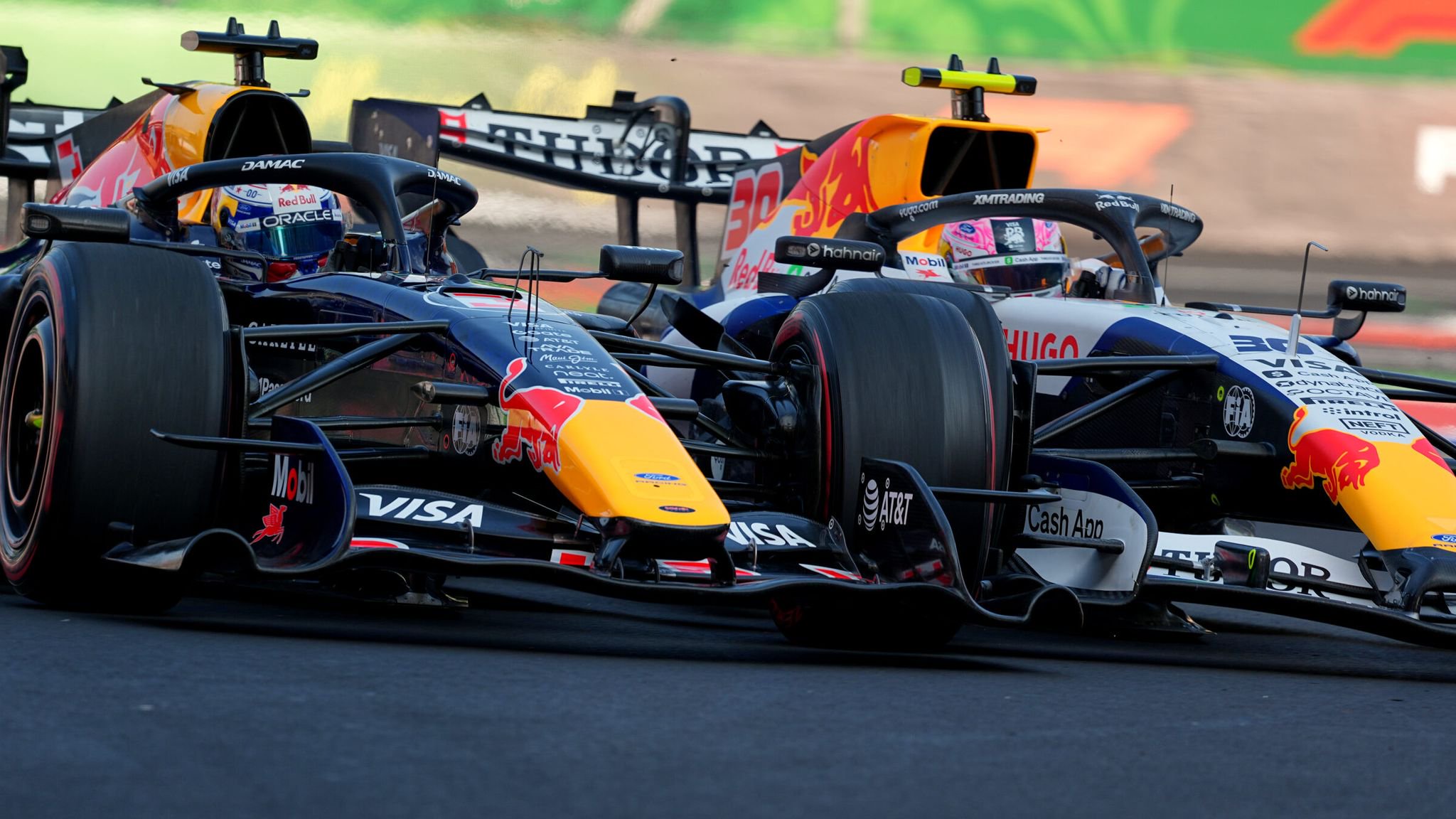 Red Bull driver Max Verstappen and Racing Bulls driver Liam Lawson collided in second practice in Mexico (AP Photo/Moises Castillo)