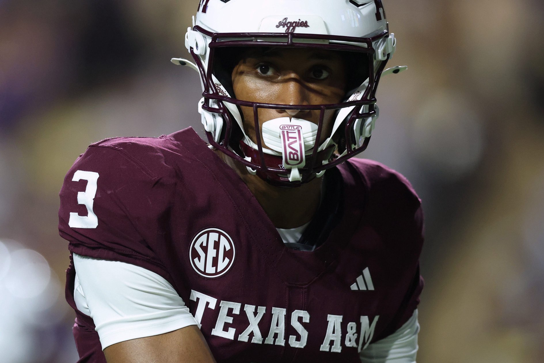 Sep 26, 2026; Baton Rouge, Louisiana, USA;  Texas A&amp;M Aggies wide receiver Aaron Gregory (3) looks on during the second quarter against the LSU Tigers at Tiger Stadium.  Mandatory Credit: Stephen Lew-Imagn Images