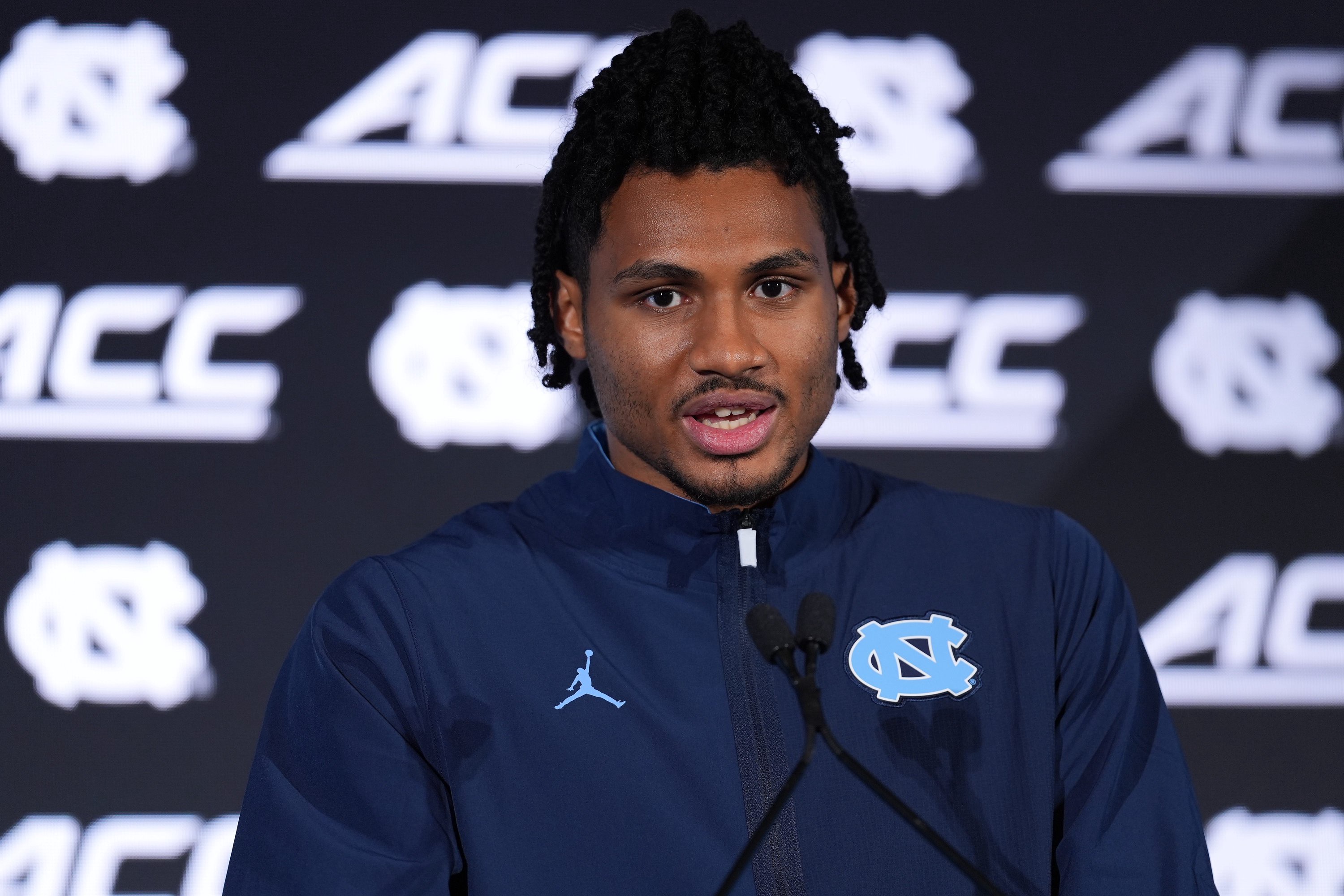 Oct 7, 2026; Charlotte, NC, USA;  North Carolina Tar Heels Jarin Stevenson answers questions from the media during the ACC Tip-Off in Charlotte, NC.  Mandatory Credit: Jim Dedmon-Imagn Images