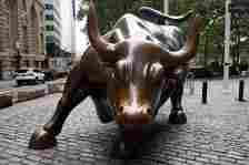 Charging Bull, aka the Wall Street Bull, bronze sculpture on Broadway at Bowling Green, New York, NY, USA