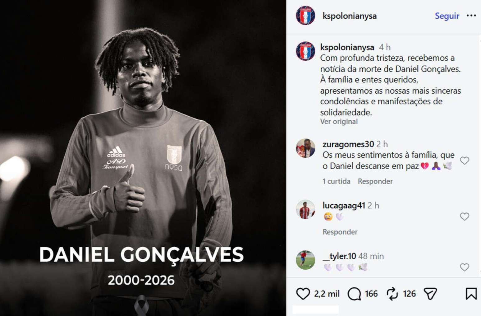Polonia Nysa postou a notícia da morte de Daniel nas redes sociais –