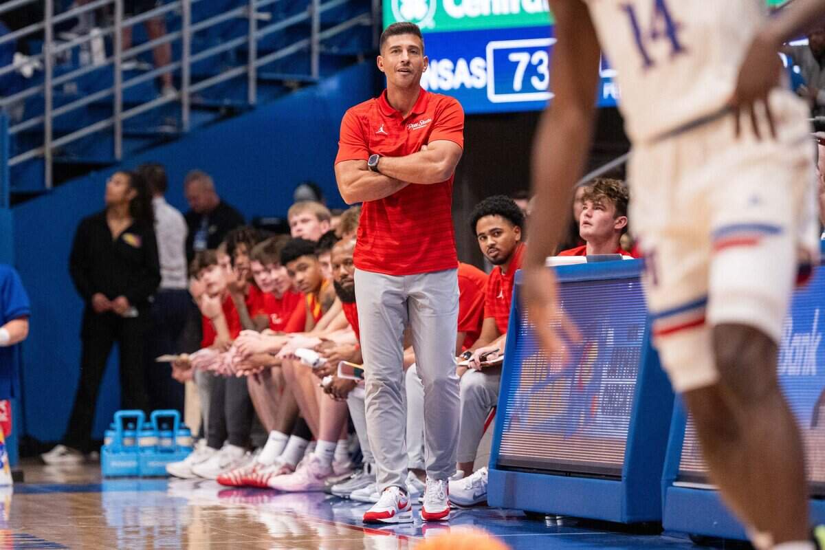 Pittsburg State Gorillas head coach Jeff Boschee watches his team on defense in the Jayhawks exhibition game vs. Pittsburg State Gorillas, on Friday, October 16, 2026, at Allen Fieldhouse. Boschee, a former Jayhawk, has coached Pittsburg State for the last five years.