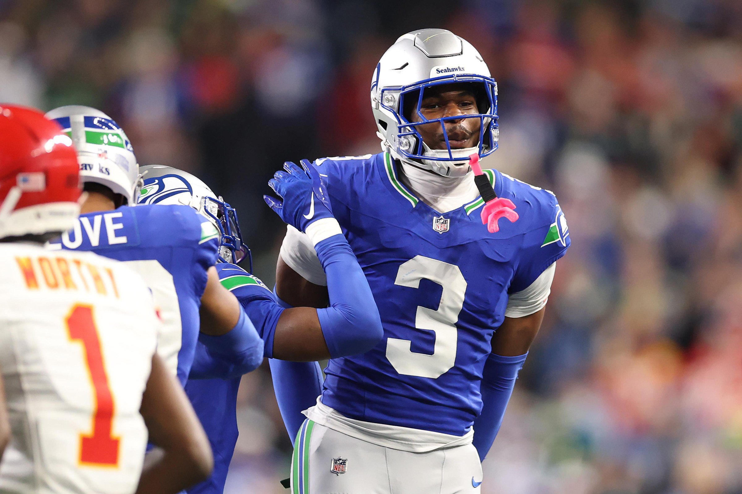 SEATTLE, WASHINGTON - OCTOBER 25: Nick Emmanwori #3 of the Seattle Seahawks celebrates against the Kansas City Chiefs during the third quarter at Lumen Field on October 25, 2026 in Seattle, Washington. (Photo by Steph Chambers/Getty Images)