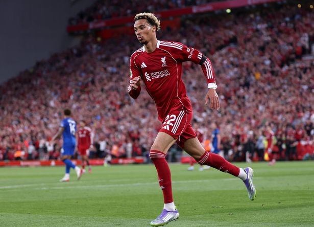LIVERPOOL, ENGLAND - AUGUST 15: (THE SUN OUT, THE SUN ON SUNDAY OUT) Hugo Ekitike of Liverpool celebrates scoring his team's first goal during the Premier League match between Liverpool and Bournemouth at Anfield on August 15, 2025 in Liverpool, England. (Photo by Liverpool FC/Liverpool FC via Getty Images)