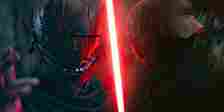 The Sith Lord of The Acolyte wearing his helmet and brandishing his red lightsaber