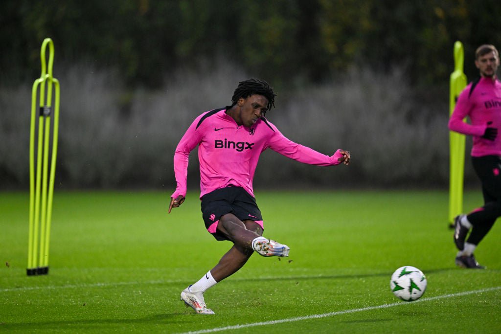 Shumaira Mheuka of Chelsea during a training session at Chelsea Training Ground on November 6, 2024 in Cobham, England.