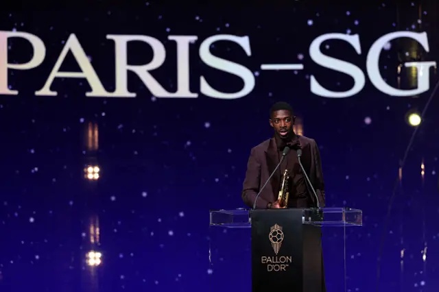 France and Paris Saint Germain forward Ousmane Dembele delivers a speech