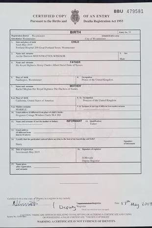 Copy of the birth certificate of Archie Harrison Mountbatten-Windsor