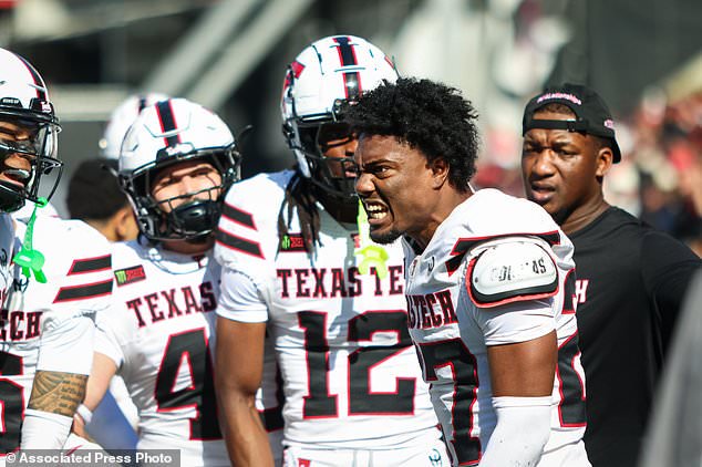 Texas Tech cornerback Amier Boyd (27) yells on the sidelines during the second half of an NCAA college football game against Cincinnati, Saturday, Oct. 24 2026, in Cincinnati. (AP Photo/Lydia Schembre)