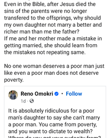 My daughters will never marry a poor man. No woman deserves poverty - Nigerian man replies Reno Omokri