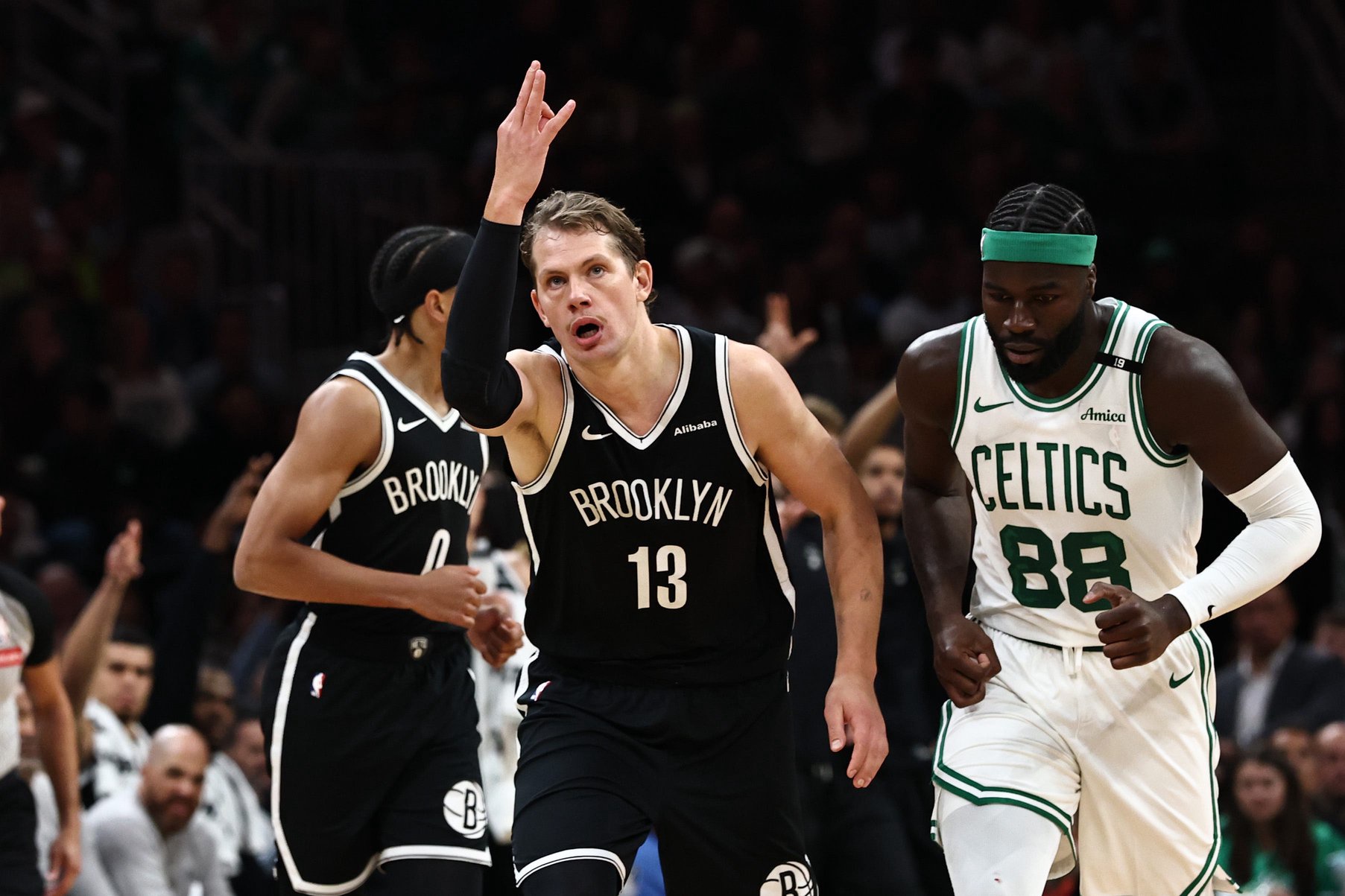 Oct 27, 2026; Boston, Massachusetts, USA; Brooklyn Nets center Moritz Wagner (13) celebrates after making athree point basket against the Boston Celtics during the second quarter at TD Garden. Mandatory Credit: Winslow Townson-Imagn Images