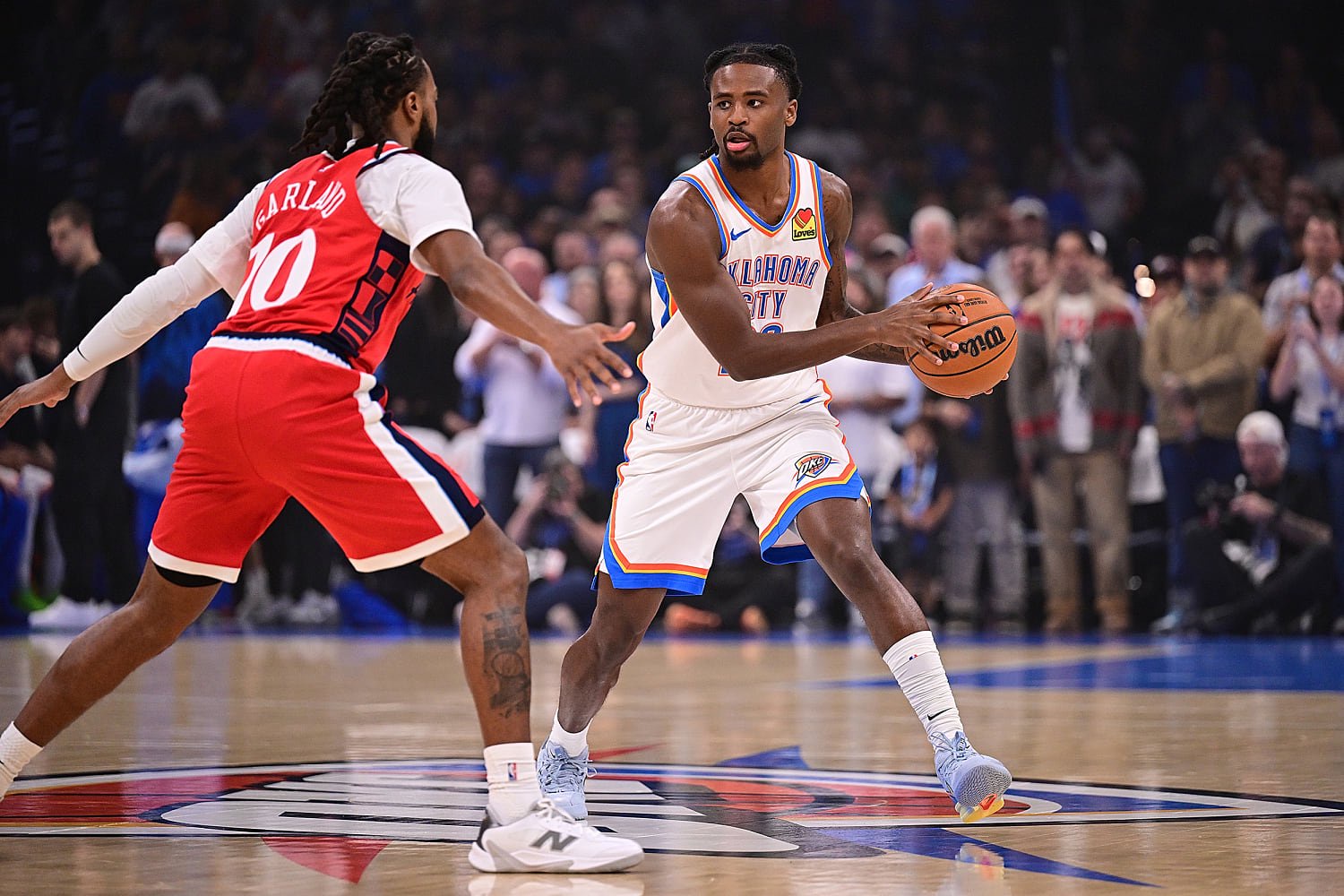 Image: Cason Wallace of the Oklahoma City Thunder handles the ball in front of Darius Garland of the LA Clippers (Joshua Gateley / Getty)