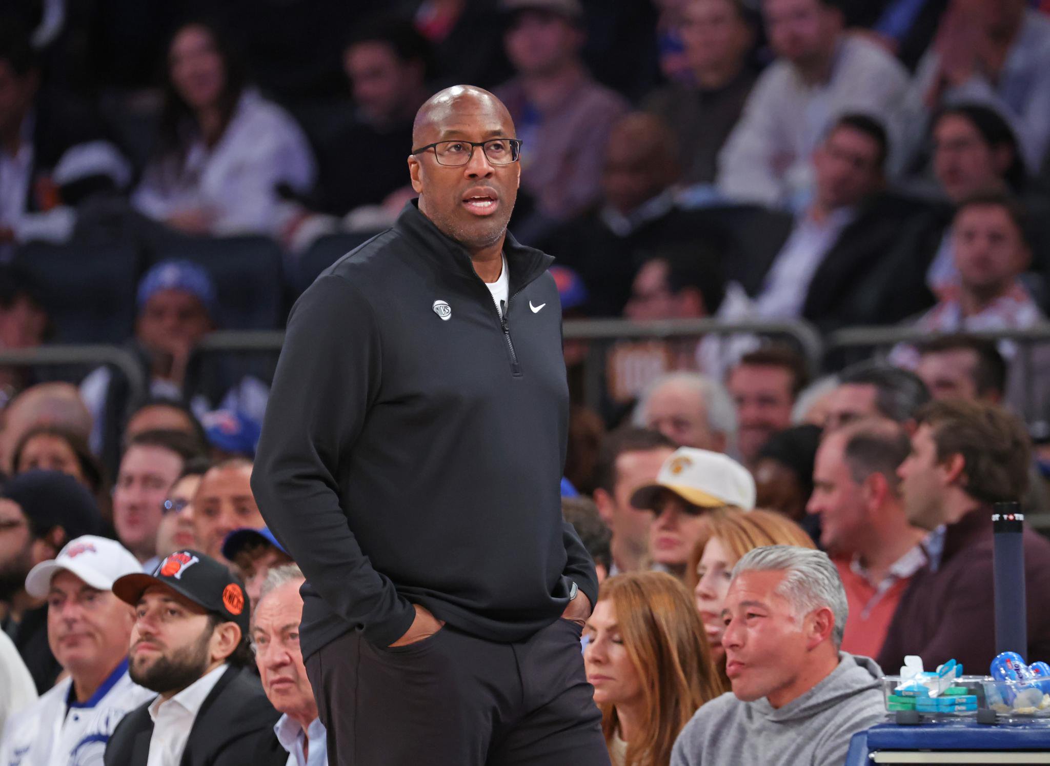 New York Knicks head coach Mike Brown reacts on the baseline during the fourth quarter against the Detroit Pistons.