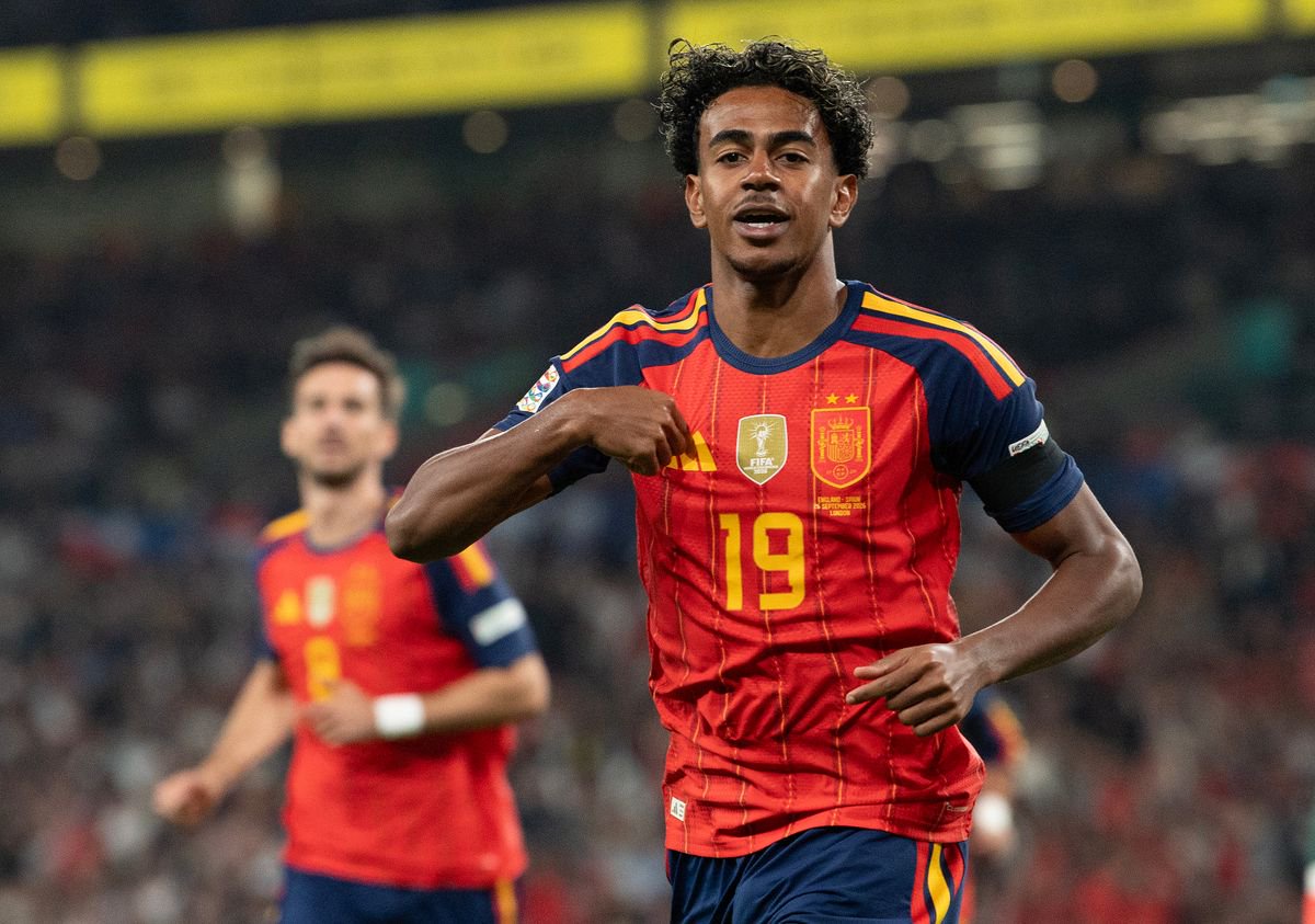 Lamine Yamal celebrates scoring the opening goal for Spain during the UEFA Nations League 2026/27 group phase match between England and Spain at Wembley Stadium