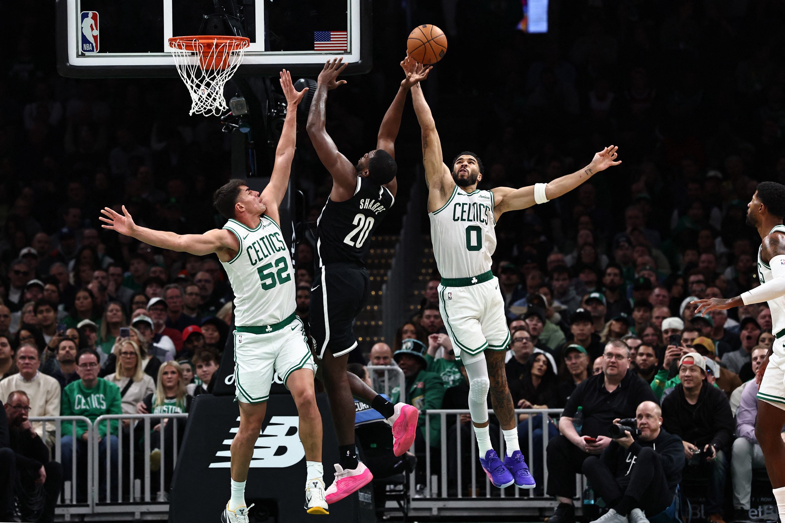Oct 27, 2026; Boston, Massachusetts, USA; Boston Celtics forward Jayson Tatum (0) blocks a shot by Brooklyn Nets center Day'ron Sharpe (20) during the second quarter at TD Garden. Mandatory Credit: Winslow Townson-Imagn Images