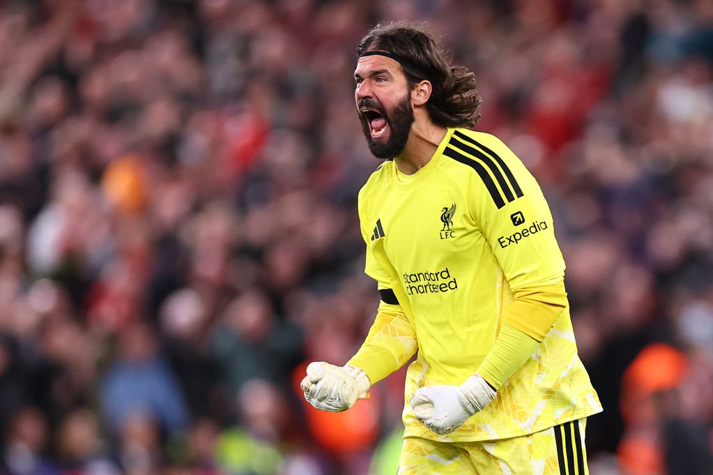 Alisson Becker of Liverpool celebrates his teams equaliser to make it 1-1 during the UEFA Champions League 2026/27 League Phase MD1 match between Liverpool FC and Atletico de Madrid