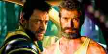 Deadpool & Wolverine shot of Hugh Jackman in Wolverine's yellow and blue costume looking angry and the actor as an older Wolverine in Logan (2017)