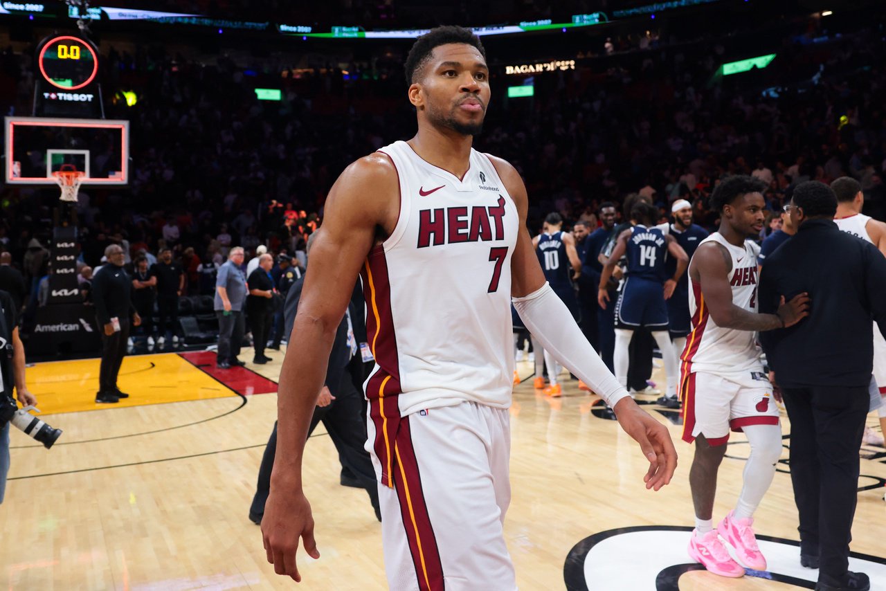 Oct 26, 2026; Miami, Florida, USA; Miami Heat forward Giannis Antetokounmpo (7) looks on from the court after the game against the Dallas Mavericks at Kaseya Center. Mandatory Credit: Sam Navarro-Imagn Images