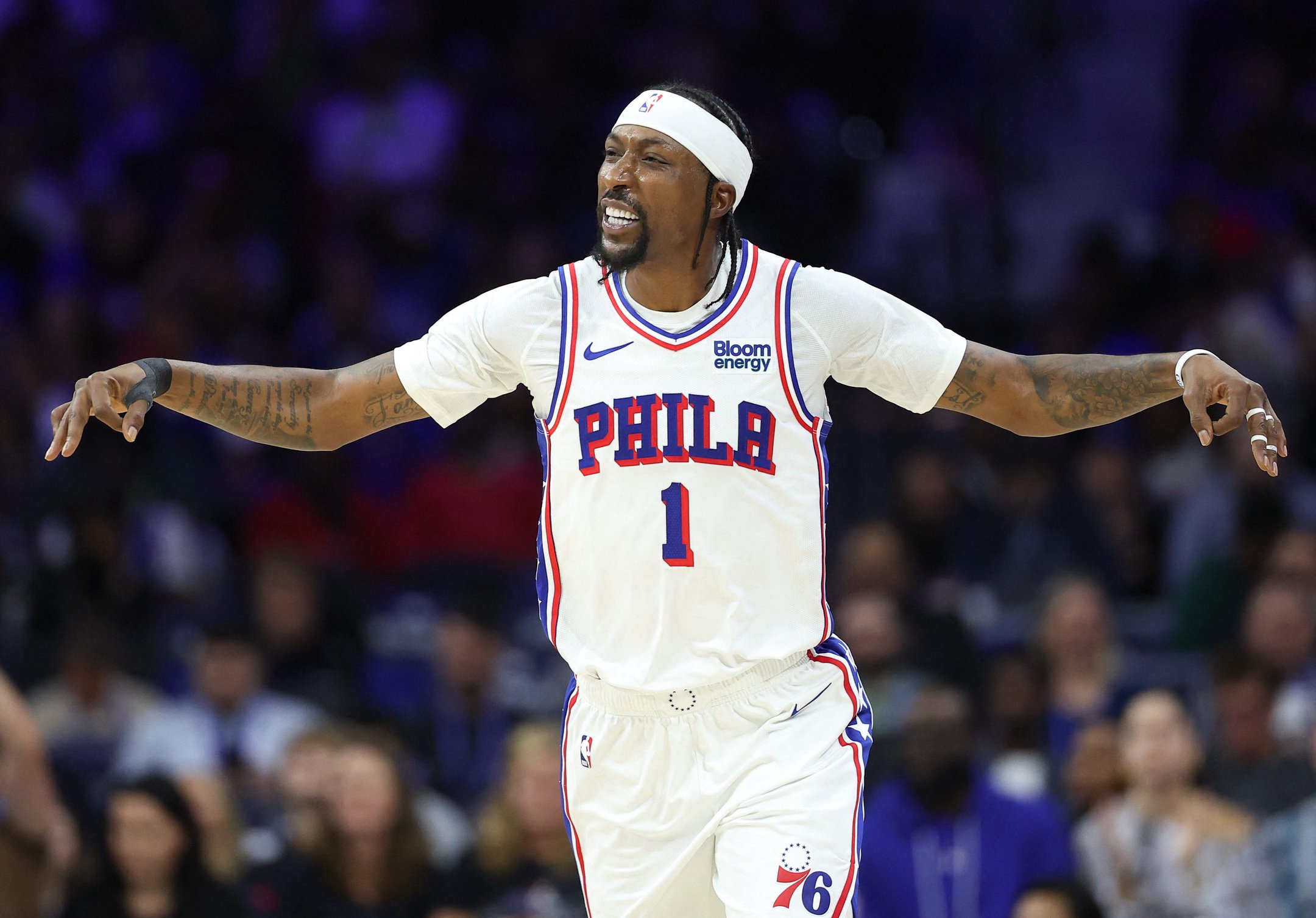 Oct 16, 2026; Philadelphia, Pennsylvania, USA; Philadelphia 76ers guard Kentavious Caldwell-Pope (1) reacts after his three pointer against the Boston Celtics during the third quarter at Xfinity Mobile Arena. Mandatory Credit: Bill Streicher-Imagn Images