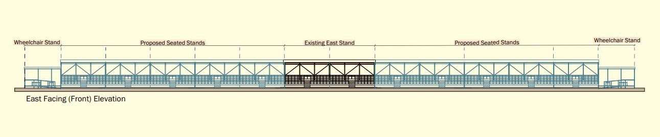 A drawings showing how the new seating terrace could look. The current seating area is in black, with the proposed areas in blue. Image from planning documents