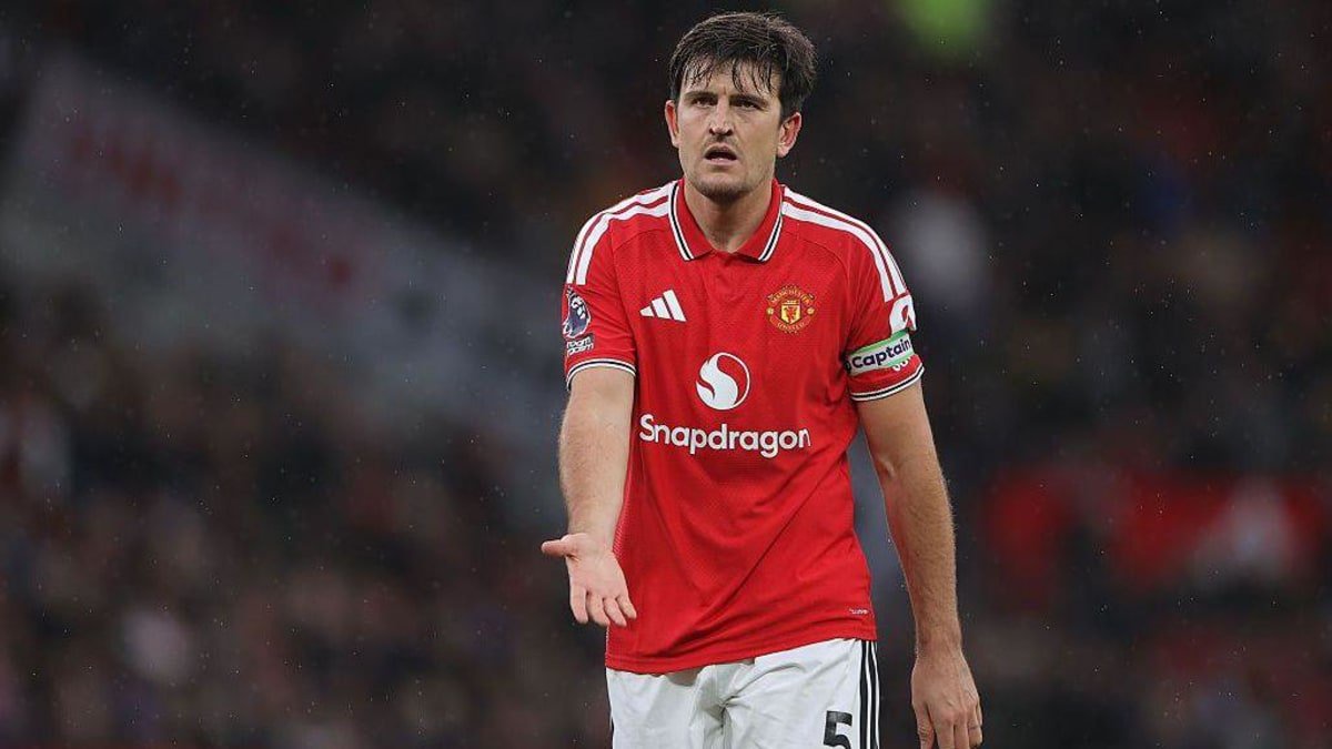 Harry Maguire of Manchester United reacts to conceding a goal