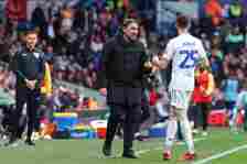 Daniel Farke, the Leeds United manager, is talking to Sam Byram of Leeds United during the Sky Bet Championship match between Leeds United and Sout...