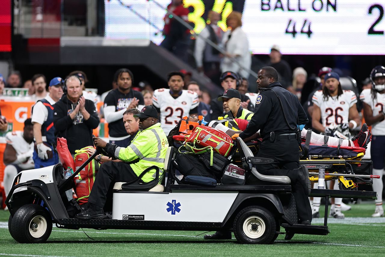 Kendal Daniels #53 of the Atlanta Falcons is carted off the field after a play against the Chicago Bears during the third quarter of the game at Mercedes-Benz Stadium on Oct. 18, 2026 in Atlanta.Credit: Kevin C. Cox/Getty