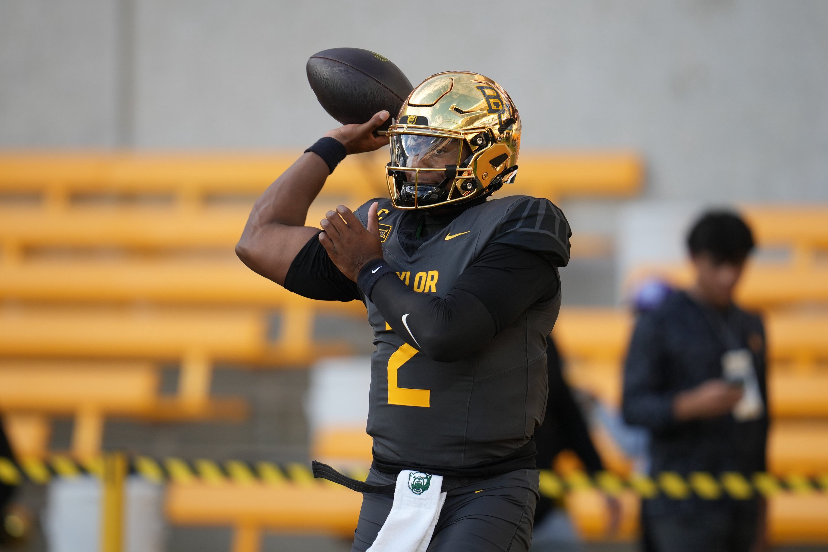 Oct 17, 2026; Waco, Texas, USA;  Baylor Bears quarterback DJ Lagway (2) warms up before the game against the TCU Horned Frogs at McLane Stadium.  Mandatory Credit: Chris Jones-Imagn Images