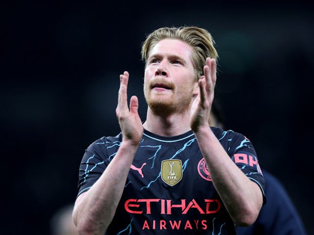 Manchester City's Kevin De Bruyne celebrates after the match on January 26, 2024