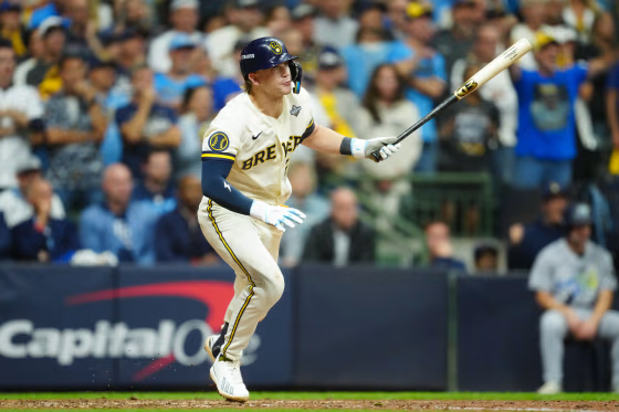 Cooper Pratt #12 of the Milwaukee Brewers hits an RBI single in the seventh inning during Game Two of the 2026 World Series presented by Capital One between the Tampa Bay Rays and the Milwaukee Brewers at American Family Field on Saturday, October 24, 2026 in Milwaukee, Wisconsin.