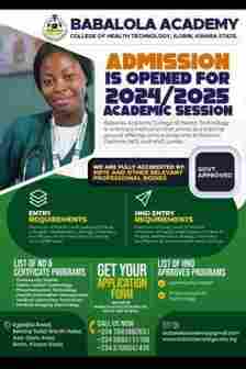 Babalola Academy College of Health Technology Admission