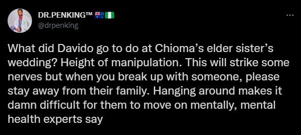 "When you break up with someone, stay away from their family" - Man calls out Davido for attending Chioma's sister's wedding