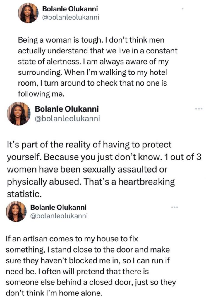 Being a woman is tough, I don't think men understand how we live in constant state of -alertness - Media Personality, Bolanle Olukanni 4