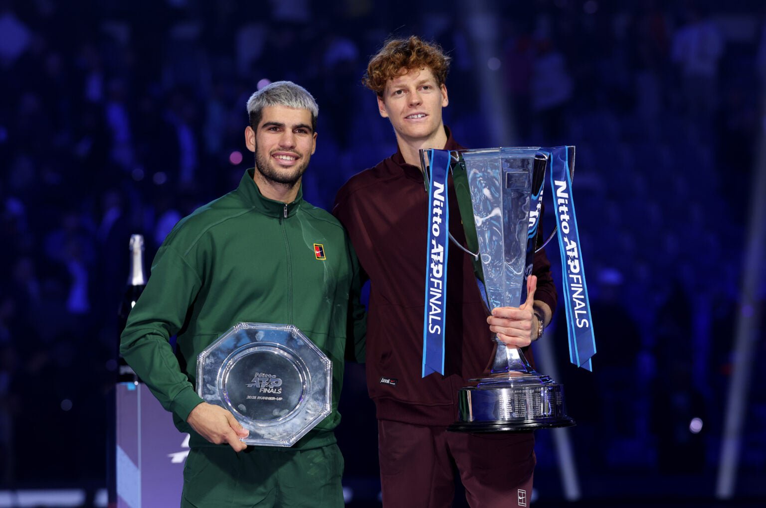 Carlos Alcaraz and Jannik Sinner pictured after the final of the 2025 ATP Finals.