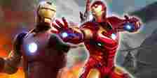 Two versions of Iron Man holding out their hands to fire his repulsors