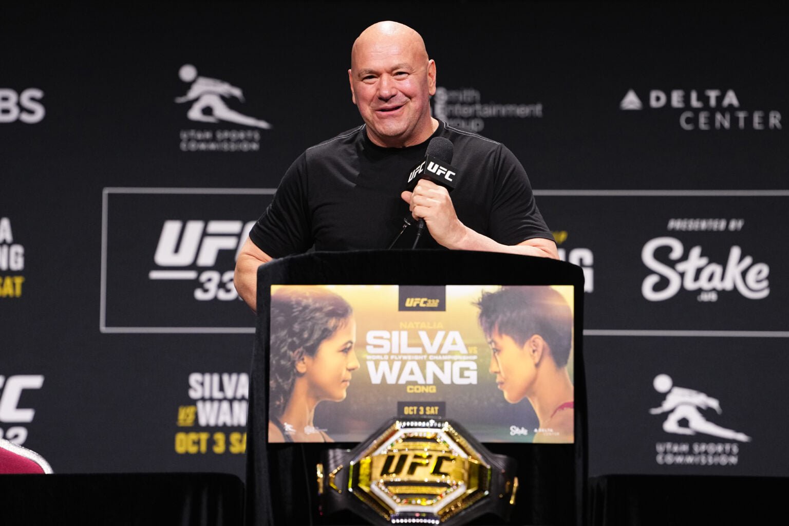 Dana White on stage during the UFC 332 press conference