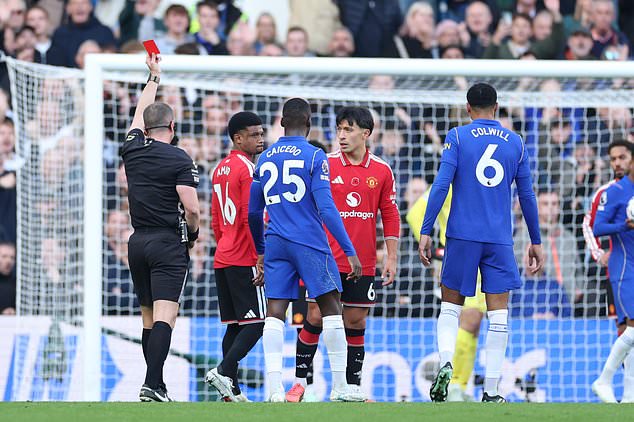 Referee Peter Bankes shows a red card to Manchester United's Lisandro Martinez (6) during the English Premier League soccer match between Chelsea and Manchester United in London, Saturday, Oct. 31, 2026. (AP Photo/Ian Walton)