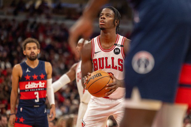 Bulls forward Caleb Wilson lines up a free throw during the first quarter against the Wizards on Saturday, Oct. 24, 2026, at the United Center. (Arthur Maiorella/Chicago Tribune)