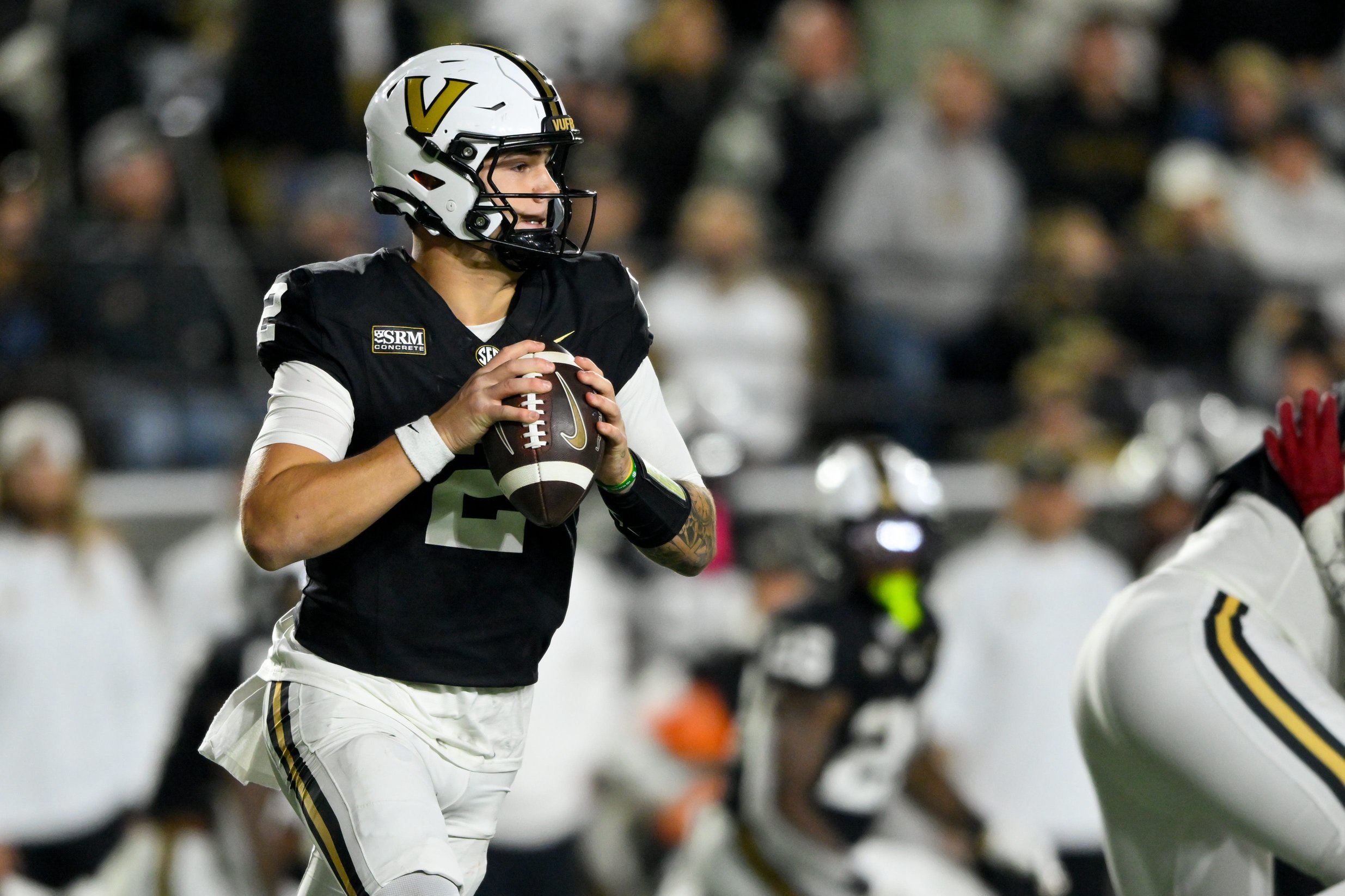 Oct 17, 2026; Nashville, Tennessee, USA;  Vanderbilt Commodores quarterback Jared Curtis (2) throws a pass against the Arkansas Razorbacks during the second half at FirstBank Stadium.  Mandatory Credit: Steve Roberts-Imagn Images