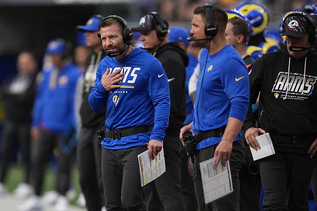 Los Angeles Rams head coach Sean McVay, left, reacts during the second half of an NFL football game against the Arizona Cardinals in Inglewood, Calif., Sunday, Oct. 18, 2026. (AP Photo/Gregory Bull)