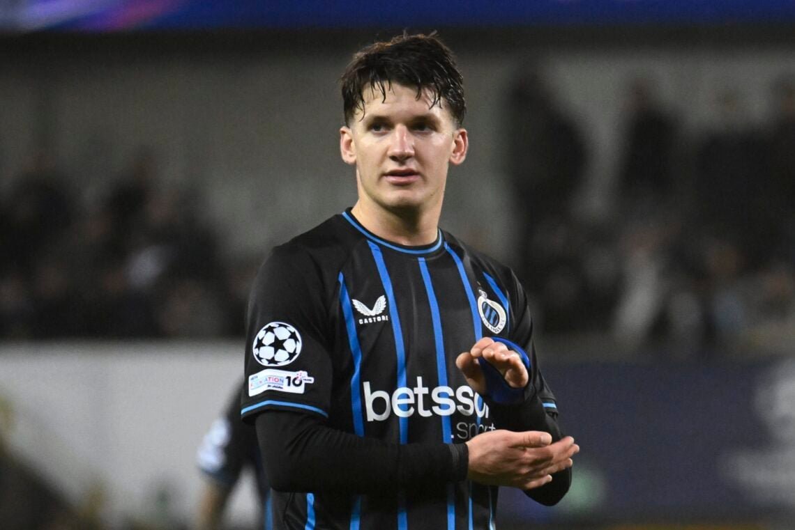 Christos Tzolis applauds the fans after Club Brugge vs Arsenal