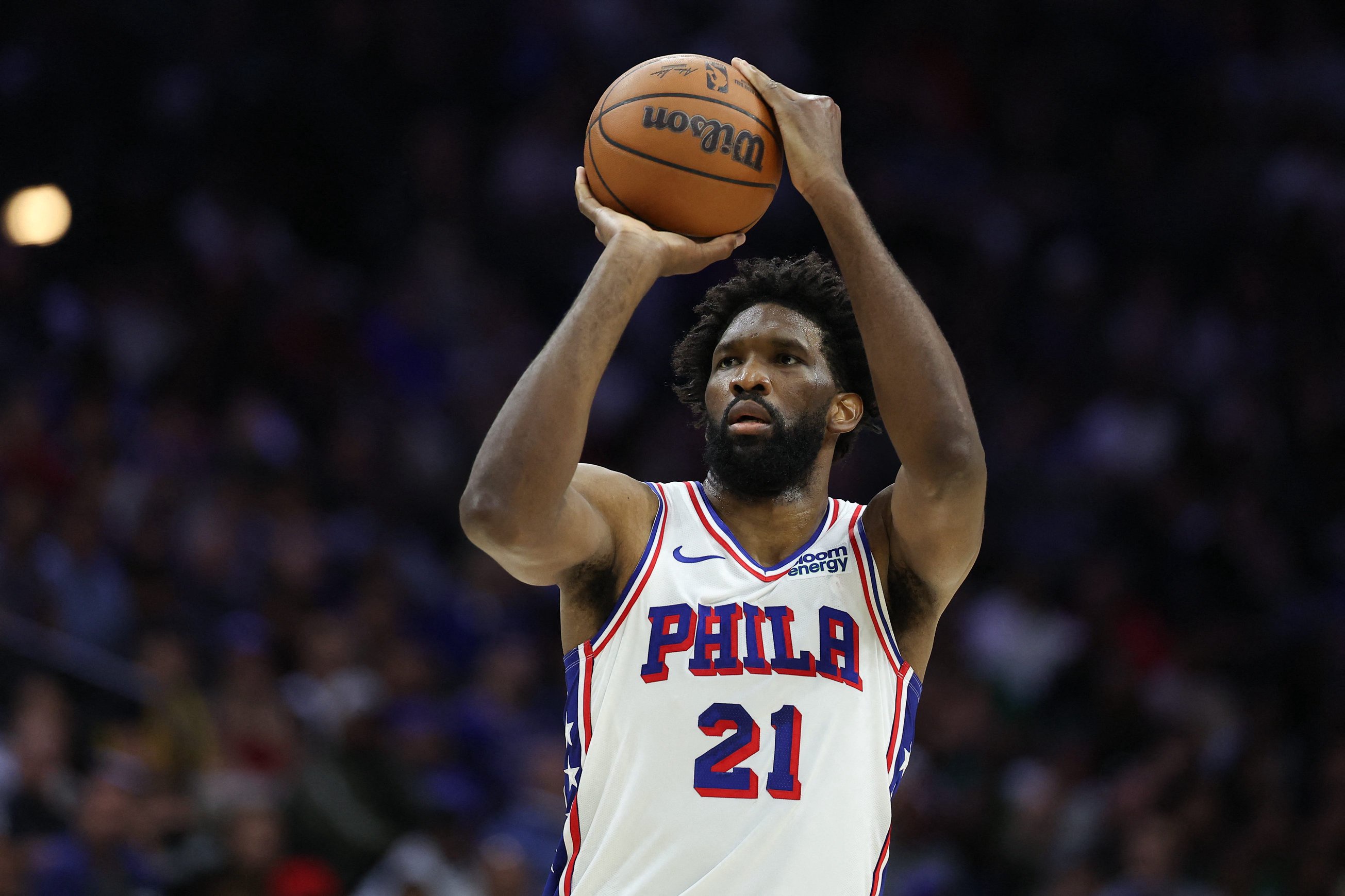 Oct 16, 2026; Philadelphia, Pennsylvania, USA; Philadelphia 76ers center Joel Embiid (21) shoots against the Boston Celtics during the second quarter at Xfinity Mobile Arena. Mandatory Credit: Bill Streicher-Imagn Images