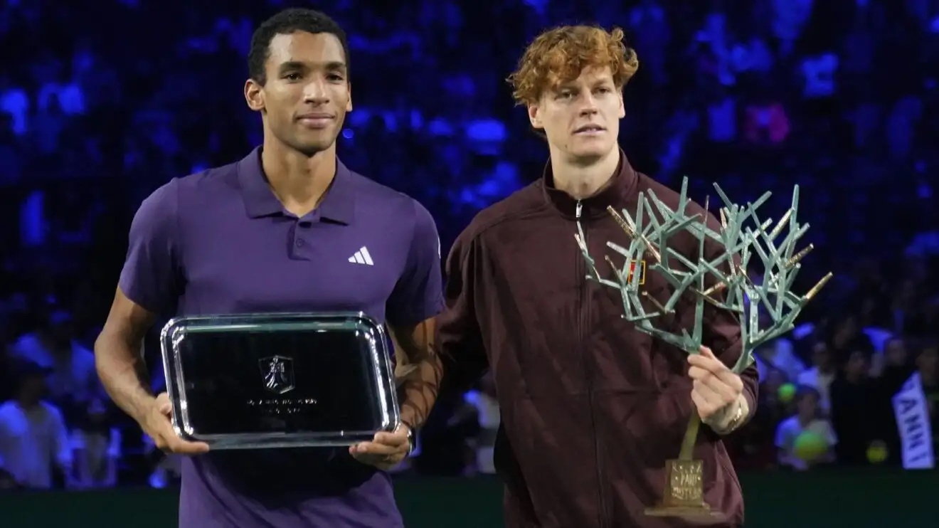 Pictured L-R: Felix Auger-Aliassime and Lorenzo Musetti after the Paris Masters final.