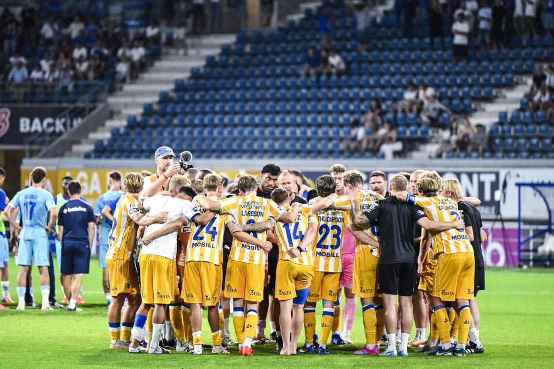 Oliver Mansson joins the IFK Goteborg coach and players after their Conference League qualifying round against Gent